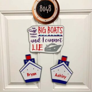 Magnet reading "I like big boats and I cannot lie" with two smaller ship magnets reading "Bryan" and "Ashley"