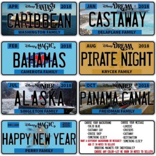 7 license plate magnets in different designs. Text reads "Caribbean", "Castaway", "Bahamas", "Pirate Night", etcetera.