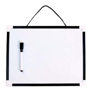 Dry erase board with a magnetic marker and cord for hanging