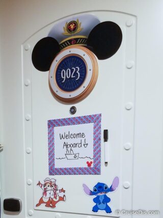 Stateroom door with Captain Mickey ears over the stateroom door.