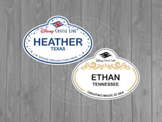Two Disney Cruise Line name tags that read "Heather" and "Ethan"