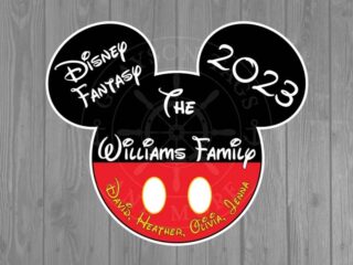 Mickey Mouse icon magnet that reads "The Williams Family", "Disney Fantasy", 2023