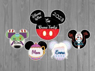 Mickey Mouse icon magnet with 4 smaller magnets of different designs and the first names of each member of the family