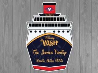 Magnet that looks like the front of a Disney ship. It reads "Disney Wish", "The Jones Family", and "David", "Anita", "Oliva"