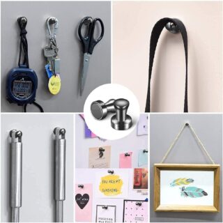 Collage image of different items hanging from push pin magnets