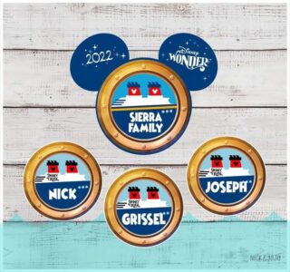 Four porthole magnets. The largest reads "The Sierra Family", "Disney Wonder", "2022", while the smaller magnets have people's names on them