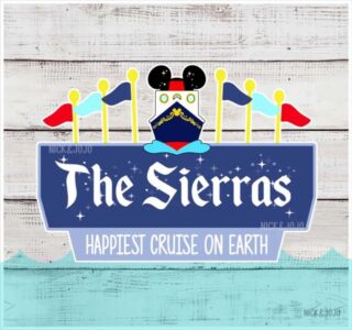 Magnet of the original Disneyland welcome sign with a cruise ship on top reading "The Sierras", "Happiest Cruise on Earth"