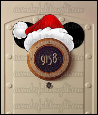 Mickey Mouse ears with Santa hat sitting on top of the stateroom number sign