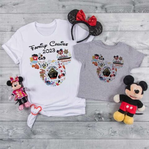 A collage of Disney Cruise related images that form the shape of the Mickey Mouse Icon on a shirt that reads "Family Cruise 2023"