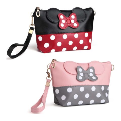 Two faux leather cosmetic bags featuring a Minnie Mouse icon with a bow and a polka dot bottom