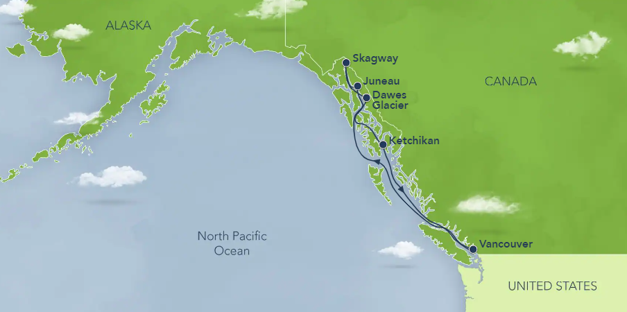 Map of Disney Cruise Line's Western Caribbean cruise stops: Vancouver to Dawes Glacier to Skagway to Juneau to Ketchikan back to Vancouver.