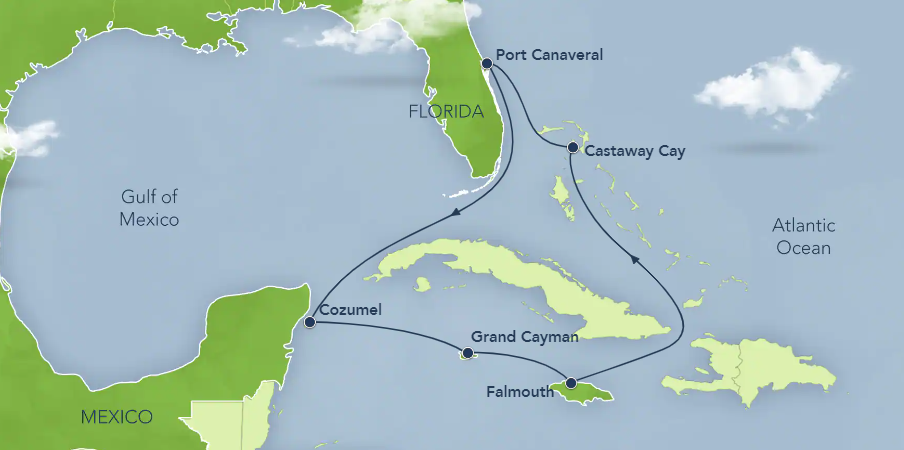 Map of Disney Cruise Line's Western Caribbean cruise stops: Port Canaveral to Cozumel to Grand Cayman to Falmouth, Jamaica, to Castaway Cay, back to Port Canaveral.